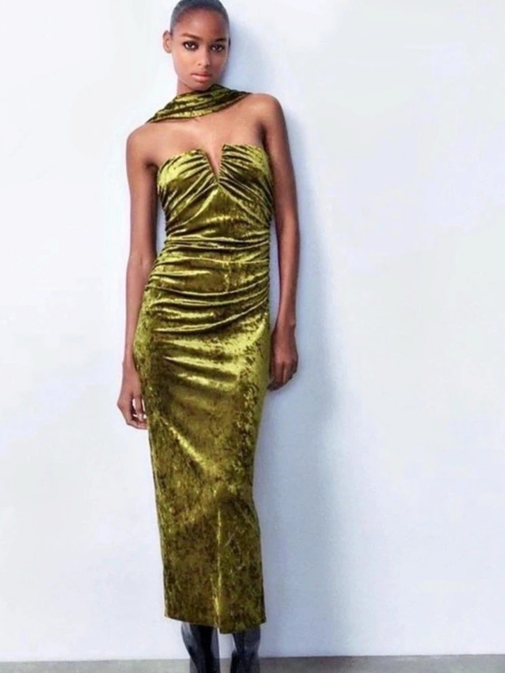 Zara Olive Green Velvet Midi Dress With Neck Scarf Size Medium